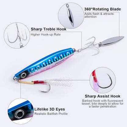 Goture Fishing Jigs, 40g 60g Vertical Jig Saltwater Freshwater, Jig Fishing Lures with Assist Hooks and Treble Hook, Jigging Spoon Lures for Tuna, Salmon,Striped Bass, Grouper Snapper,Kingfish - color: B1:3pcs Fishing Jigs, size: 2.12oz/60g