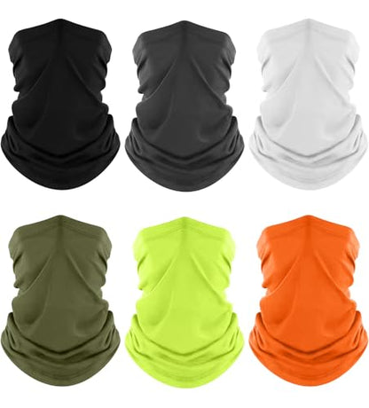 Fuinloth Neck Gaiter, 6 Pack Cooling UV Protection Bandana Face Mask Gator | Breathable Sweat Wicking, UPF 50, Sun Wind Dust Shield, Quick Dry & Washable, 95% Polyester 5% Spandex - color: Black+gray+white+green+neon Yellow+orange