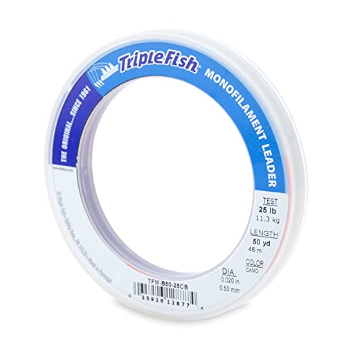 Triple Fish Monofilament Fishing Leader - Clear, Camo Strong Tough Leader Material for Big Game Fishing, Up to 400lb Test - color: Camo, style: 25 Lb Test, 0.50 Mm Dia, 50 Yd