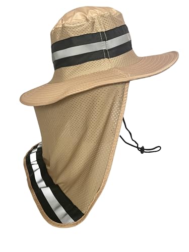 Men's Wide Brim Boonie Bucket Sun Hat with Neck Flap, High Visibility Reflective Stripes, UV Protection - color: Dark Khaki
