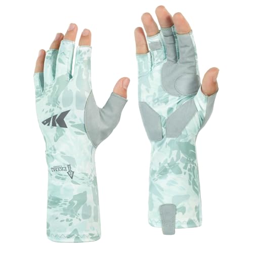 KastKing Agies Fishing Gloves Men, UPF 50+ Sun Gloves UV Protection, Cooling Quick-Dry 3/4 Fingerless Gloves with Extended Cuff, Microfiber Palm & Pull Tabs, for Fishing, Kayaking, Hiking, Hunting - color: X Camo-Pale Blue, size: Large-X-Large