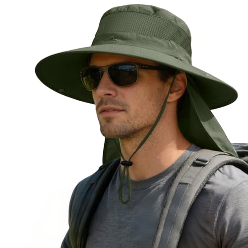 ZOORON Sun Hats for Men Women Fishing Hat with Neck Flap,UPF 50+ Sun Hat Waterproof Wide Brim Bucket Hats for Safari Hiking - color: 1-army Green(neck Flap)