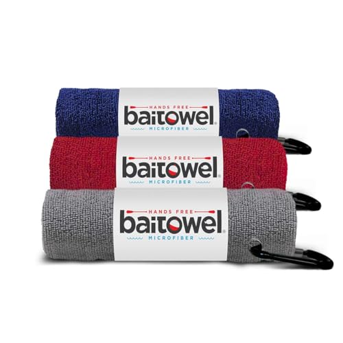 Bait Towel 3 Pack Fishing Towels with Clip, Plush Microfiber nap Fabric, 16x16, The Original Bait Towel Value 3 Pack - color: Navy-red-silver