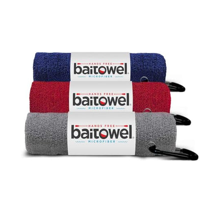 Bait Towel 3 Pack Fishing Towels with Clip, Plush Microfiber nap Fabric, 16x16, The Original Bait Towel Value 3 Pack - color: Navy-red-silver