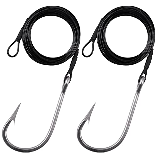 Fishing Shark Rig,2pcs Surf Fishing Leader Rigs with Tuna Shark Hooks Stainless Steel Cable Leader Wire Rig Deep Sea Fishing Hooks Big Game Leader Rig for Shark Tuna Toothy - size: 5/0-2Packs