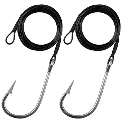 Fishing Shark Rig,2pcs Surf Fishing Leader Rigs with Tuna Shark Hooks Stainless Steel Cable Leader Wire Rig Deep Sea Fishing Hooks Big Game Leader Rig for Shark Tuna Toothy - size: 12/0-2Packs