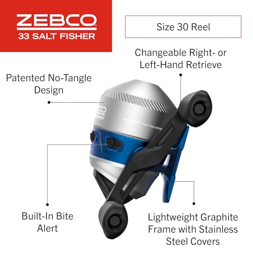 Zebco Salt Fisher 33 Spincast Reel and Fishing Rod Combo, 6-Foot 6-Inch 2-Piece Medium-Heavy Power, Moderate-Fast Action Fiberglass Rod, Interchangeable Retrieve, 12-Pound Line, Blue/Silver