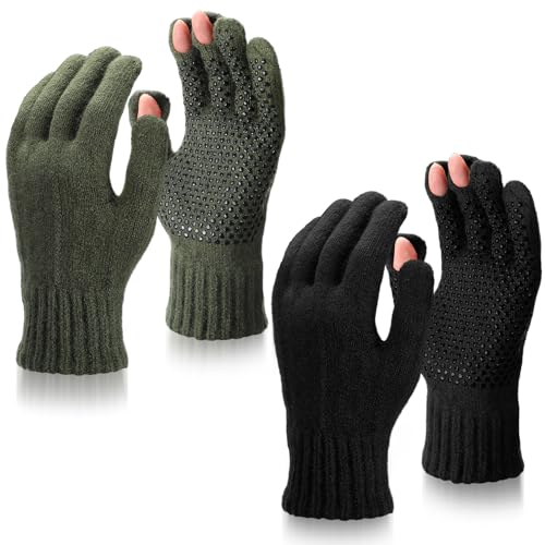 Geyoga 2 Pairs Wool Fingerless Fishing Gloves for Men Women Anti-Slip with Grip Dots Warm Winter Fly Ice Fishing Gloves - color: Black and Green, style: 3 Cut Fingers