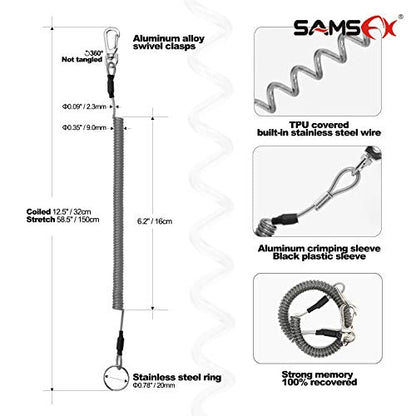 SAMSFX Aluminum Fishing Pliers Hook Remover Braid Line Cutter with Coiled Lanyard, Fly Fishing Knot Tying Tool & Retractors - color: Silver & Gray Handle, Split Ring Nose