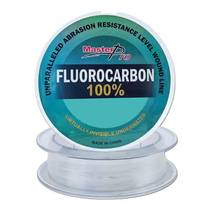 MASTERPRO 100% Fluorocarbon Coated Fishing Line, 10lb 15lb 20lb 25lb 30lb 40lb 50lb 80lb 100lb, Clear, 50m/roll, Strong & Tough Fast Sinking Fishing Leader for Freshwater and Saltwater