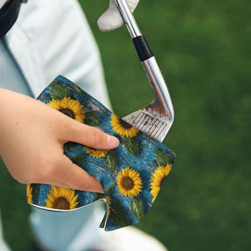 Sunflower Golf Towel Microfiber with Carabiner Clip, Funny Cleaning Cloth for Golf Balls & Clubs, Gift for Women Men, Golfers, Dad, Grandpa, Bag Accessories 16"*24"-Wood Board Farmhouse - color: Sunflower