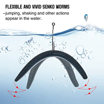 Senko Wacky Worms - Soft Plastic Lures, 30pcs Rubber Worms, 4-5 inches for Bass Freshwater & Saltwater Fishing