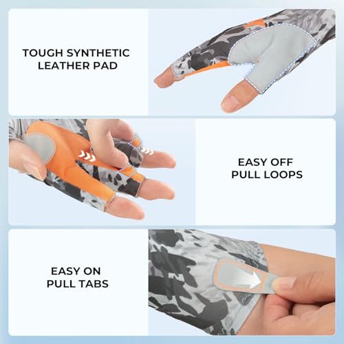 KastKing Agies Fishing Gloves Men, UPF 50+ Sun Gloves UV Protection, Cooling Quick-Dry 3/4 Fingerless Gloves with Extended Cuff, Microfiber Palm & Pull Tabs, for Fishing, Kayaking, Hiking, Hunting - color: X Camo-Gray, size: Large-X-Large