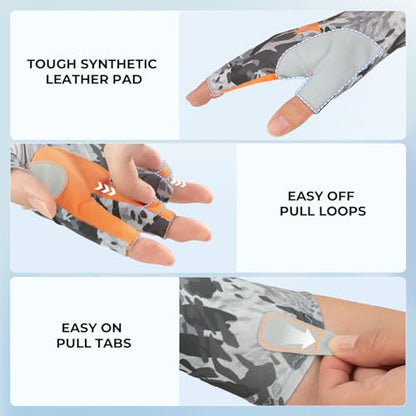 KastKing Agies Fishing Gloves Men, UPF 50+ Sun Gloves UV Protection, Cooling Quick-Dry 3/4 Fingerless Gloves with Extended Cuff, Microfiber Palm & Pull Tabs, for Fishing, Kayaking, Hiking, Hunting - color: X Camo-Gray, size: Large-X-Large