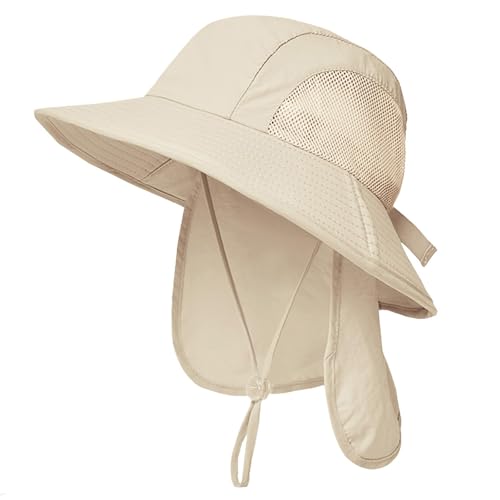 Outdoor Kids Sun Hats with Neck Flap Boys Girls Wide Brim UPF 50+ UV Protection Children Bucket Hat Safari Hat - color: 1pack-beige