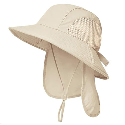 Outdoor Kids Sun Hats with Neck Flap Boys Girls Wide Brim UPF 50+ UV Protection Children Bucket Hat Safari Hat - color: 1pack-beige