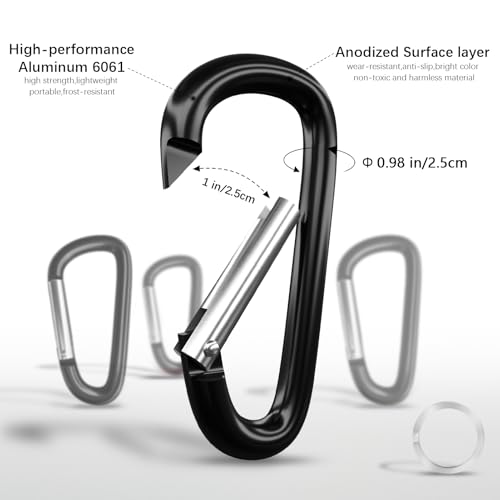 sprookber 4" & 5" Extra Large Aluminum Carabiner D Ring, Caribeener Clips, Spring Snap Hook for Keychain Clip, Set of 4 - color: black-4", size: 4 inch