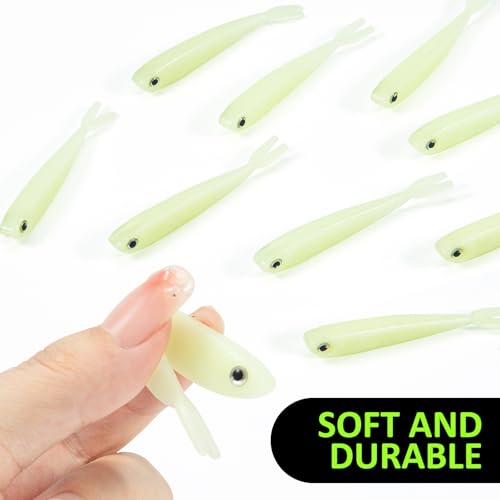Syosisny 50 PCS Luminous Plastic Soft Fishing Lure, Lifelike Forked Tail Minnow, Luminous Fishing Baits Tackle for Saltwater and Freshwater Bass, Crappie, Walleye, or Trout Lures