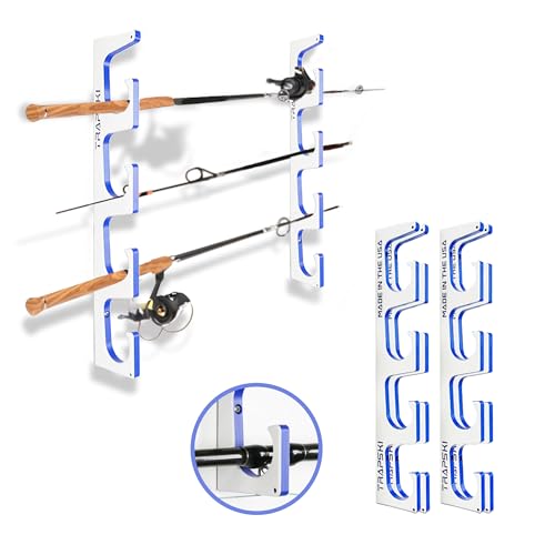 TRAPSKI Made in the USA Premium Fishing Rod/Pole Holder Rack Organizer | Wall or Boat Mounting Fishing Rod Rack | Marine Grade HDPE Plastic | Rod Holder for up to 8 Rods | Stackable - 2 Pack - color: H4 White/Blue