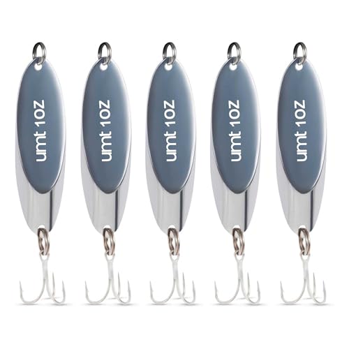 UMT Chrome Fishing Spoon Lure 3/4oz,1oz, 2oz – Sharp 3/0 Treble Hook for Freshwater & Saltwater Bluefish, Trout, Steelhead 1, 5, 10 Pack Options - size: 5 Pack