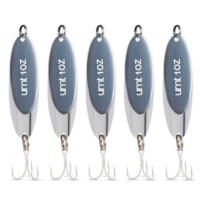 UMT Chrome Fishing Spoon Lure 3/4oz,1oz, 2oz – Sharp 3/0 Treble Hook for Freshwater & Saltwater Bluefish, Trout, Steelhead 1, 5, 10 Pack Options - size: 5 Pack