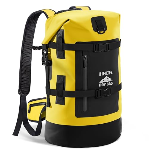 HEETA Dry Bags Waterproof Backpack 40L for Men & Women, Roll Top Heavy Duty Cushioned Hiking Backpack for Kayaking Boating Paddle Boarding Fishing Travel Camping Beach Vacation Cruise Ship Essentials - color: Yellow