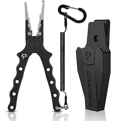 Piscifun Saltwater Fishing Pliers, Aluminum, Split Ring, Braid Cutter | Hook remover, tungsten carbide blade, spring-loaded jaws, ergonomic grip, sheath and lanyard - color: Black, style: Rubber Sheath