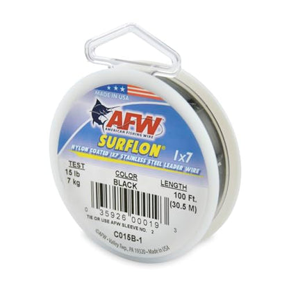 American Fishing Wire Surflon Nylon Coated 1x7 Stainless Steel Wire Leader - Wire Fishing Leader Line for Saltwater 10lb Up To 250lb Test in Bright, Black, Camo in 30ft, 100ft, 300ft, & 1000ft Lengths - color: Black, style: 100 Feet, 15 Pound Test