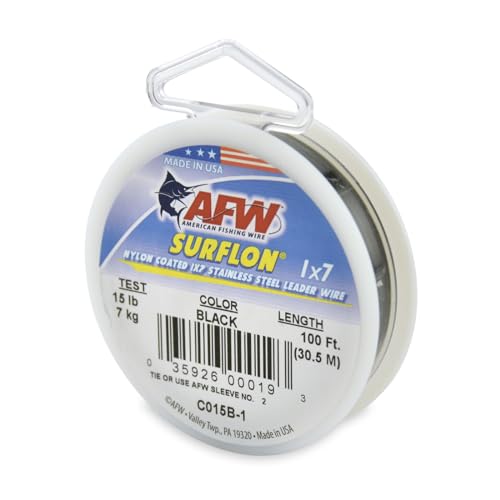 American Fishing Wire Surflon Nylon Coated 1x7 Stainless Steel Wire Leader - Wire Fishing Leader Line for Saltwater 10lb Up To 250lb Test in Bright, Black, Camo in 30ft, 100ft, 300ft, & 1000ft Lengths - color: Black, style: 100 Feet, 15 Pound Test