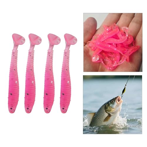50PCS 5cm Soft Plastic Fishing Lures, PVC Paddle Tail Swimbaits for Bass Trout Walleye Crappie, T-Tail Grub Worm Baits Tackle Accessory - color: Pink