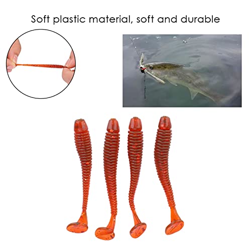 50PCS Fishing Lures Bass Worm Bait, 5cm Soft Plastic Fishing Lures T Tail Grub Worm Baits Fish Tackle Accessory - color: Red