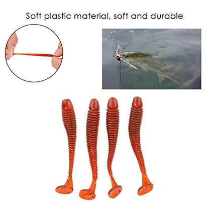 50PCS Fishing Lures Bass Worm Bait, 5cm Soft Plastic Fishing Lures T Tail Grub Worm Baits Fish Tackle Accessory - color: Red