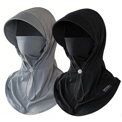 2 Pcs Cooling Breathable Balaclava Full Face Mask with Wide Brim Sun UV Protection Hood for Men Women Fishing Cycling - color: Black+gray