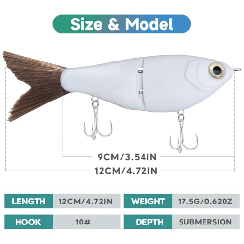 HADORAM Lure Slow Sinking Glide Bait with Fur Tail Lifelike Fishing Tackle for Trout Shad Bass Musky - color: 4.7in-Color White