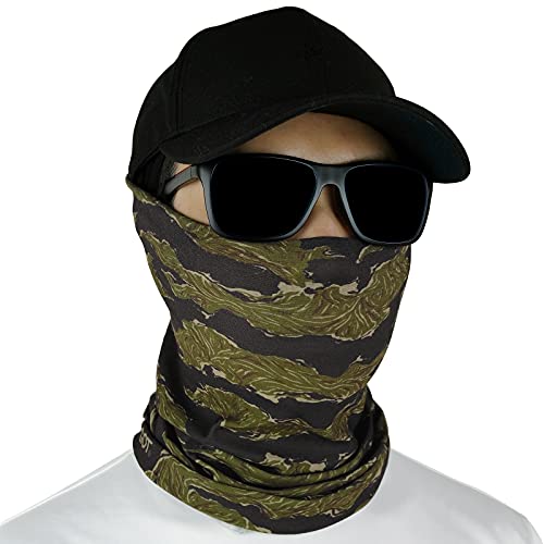Fishing Face Mask Neck Gaiter - UV Sun Protection Cover for Men Women | Moisture-Wicking, Quick-Drying, Lightweight, Camo Design, Multi-Style Headwear, SPF Sun Shield - color: Olive Tiger Stripe