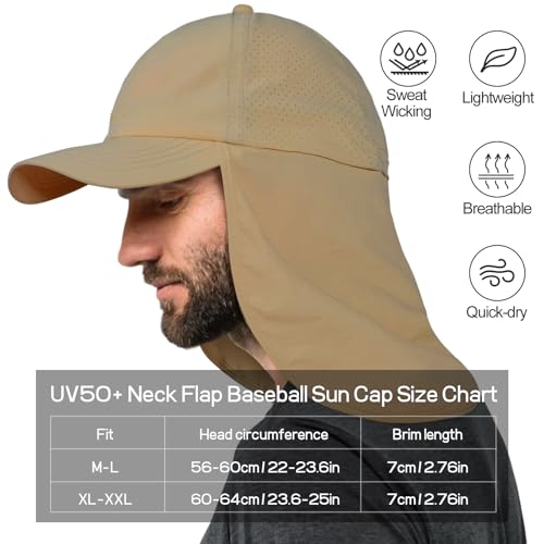 Mens XXL Sun Hats with Neck Flap UPF 50+ Waterproof Baseball Cap Adjustable Breathable Quick Dry Outdoor Fishing Hat - color: Khaki, size: X-Large-XX-Large