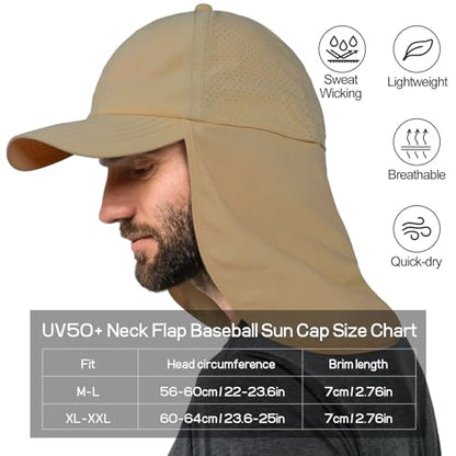 Mens XXL Sun Hats with Neck Flap UPF 50+ Waterproof Baseball Cap Adjustable Breathable Quick Dry Outdoor Fishing Hat - color: Khaki, size: X-Large-XX-Large
