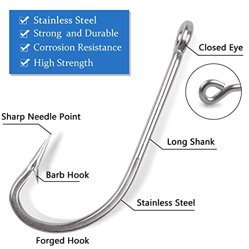 O'shaughnessy Saltwater Fishing Hooks Kit, 100pcs Long Shank Stainless Steel Sea Hooks Assortment for Freshwater and Saltwater