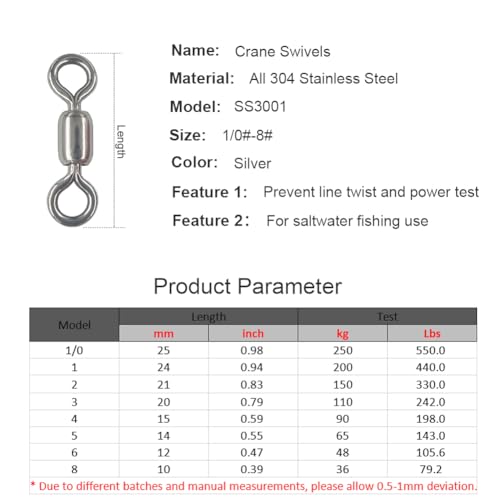 100 pcs Fishing Swivels, 100% 304 Stainless Steel Barrel Swivel Corrosion Resistance Power Crane Swivels Saltwater and Freshwater Fishing Line Lure Leader Connector - size: 8# 0.39"/ 80LB
