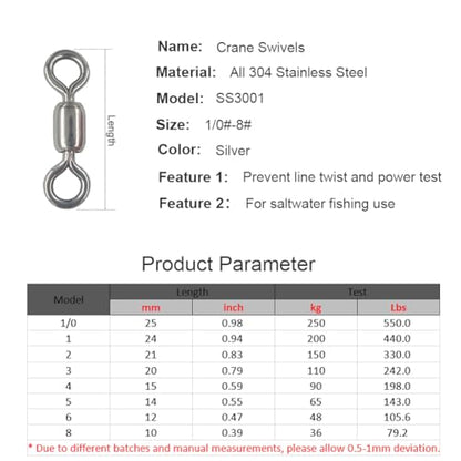 100 pcs Fishing Swivels, 100% 304 Stainless Steel Barrel Swivel Corrosion Resistance Power Crane Swivels Saltwater and Freshwater Fishing Line Lure Leader Connector - size: 8# 0.39"/ 80LB