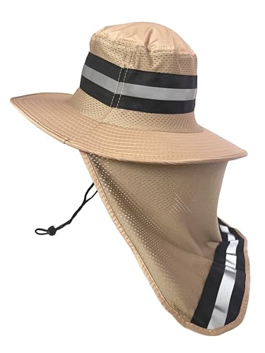 Men's Wide Brim Boonie Bucket Sun Hat with Neck Flap, High Visibility Reflective Stripes, UV Protection - color: Dark Khaki