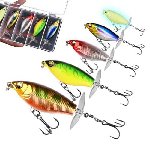 Topwater Fishing Lures with Floating Rotating Tail,Floating Lure for Bass Catfish, Water Fishing Lure for Freshwater or Saltwater, 5pcs with Storage Box.