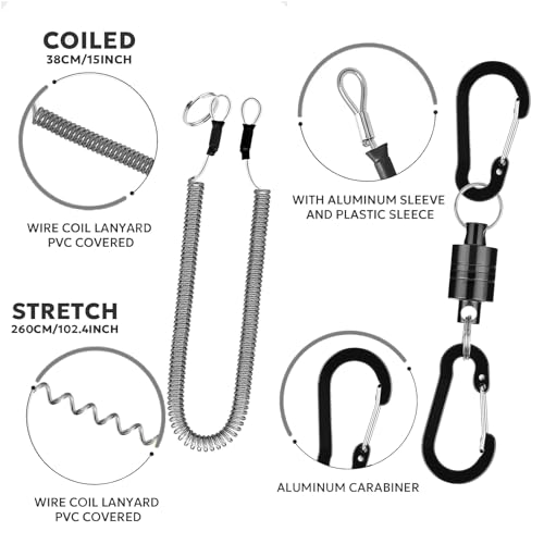 Magnetic Net Release Fly Fishing Net Retractor Magnetic Keychain, for Fly Fishing with Retractable Coiled Lanyard Carabiner - color: Gunmetal aluminum
