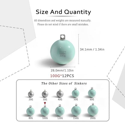 Lead Free Fishing Weights Sinkers 20g-200g Coated Egg Sinkers Cannonball Weights Assorted Sizes Bag and Fishing Weights Assortment Box Non-Lead Fishing Weights Saltwater Freshwater - style: 100g(3.52oz)-12pcs