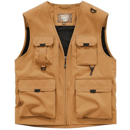 Men's Softshell Fishing Vest Outdoor Lightweight Waistcoat Waterproof Utility Cargo Sleeveless Jacket - color: Caramel, size: X-Large