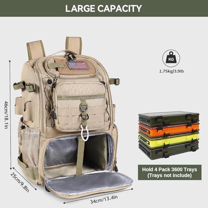 Bagenerous 39L Fishing Tackle Backpack with Rod Holders & Cooler,Water-resistant Fishing Gear Storage Bag with Protective Rain Cover,Khaki - color: Khaki