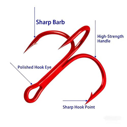 Persei 100pcs Fishing Hook Treble Hooks High Carbon Treble Hooks Super Sharp Solid Size 2 4 6 8 10 12 Triple Barbed Steel Fish Hook - color: Red, size: 4#-100pcs