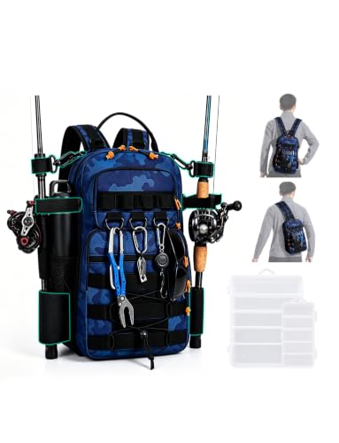 2 in 1 Compact Tactical Fishing Backpack with Tackle Boxes, Lightweight Waterproof Tackle Bag Fit 2 * 3600 Tackle Boxes, 2 Rod Holders Storage, Fishing Accessories Gift for Men Blue - color: Blue