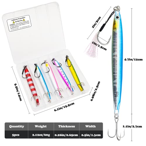 Fishing Jigs Vertical Saltwater Jigs Vertical Jigging Spoon Fishing Tuna Lures Boat Fishing Artificial Lures for Tuna, Grouper, Dogtooth, Snapper, Bass, Salmon/60g, 80g,120g - color: 5pcs（60g）-multicoloured