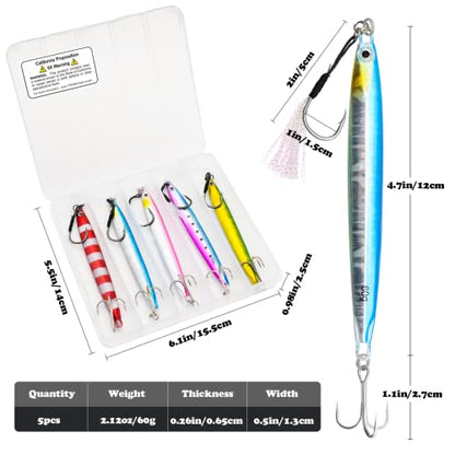 Fishing Jigs Vertical Saltwater Jigs Vertical Jigging Spoon Fishing Tuna Lures Boat Fishing Artificial Lures for Tuna, Grouper, Dogtooth, Snapper, Bass, Salmon/60g, 80g,120g - color: 5pcs（60g）-multicoloured